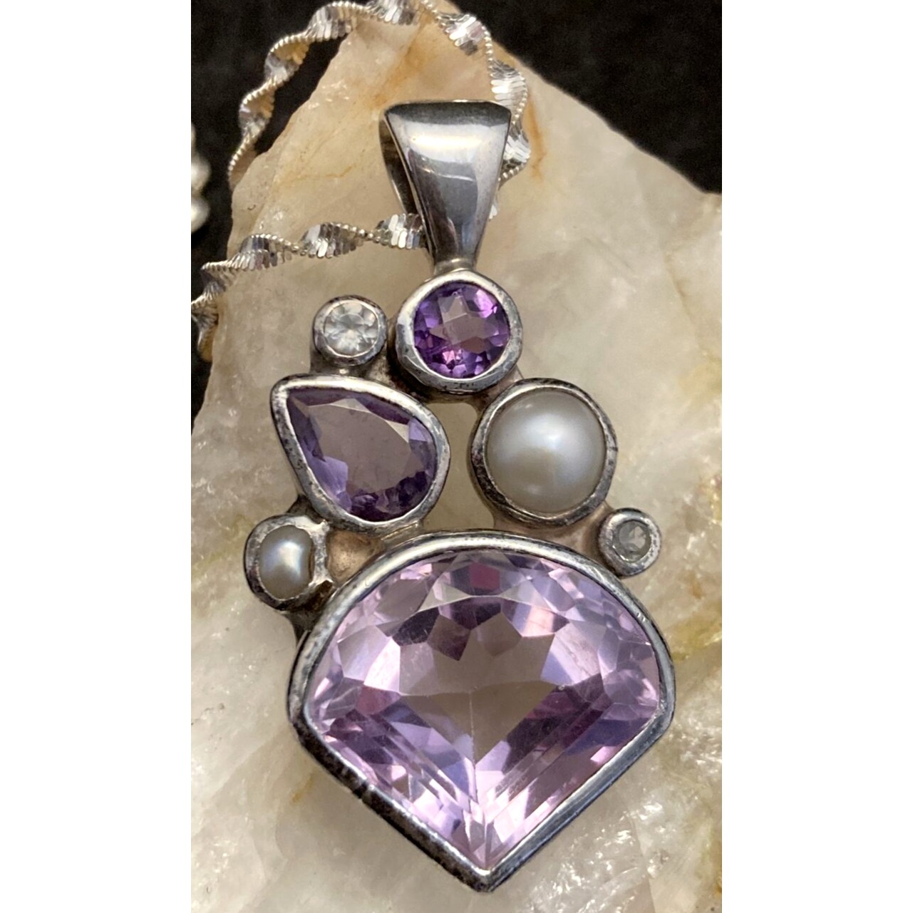 Vintage Starborn Amethyst Pearl Pendant Sterling Silver 16'' Necklace Abstract